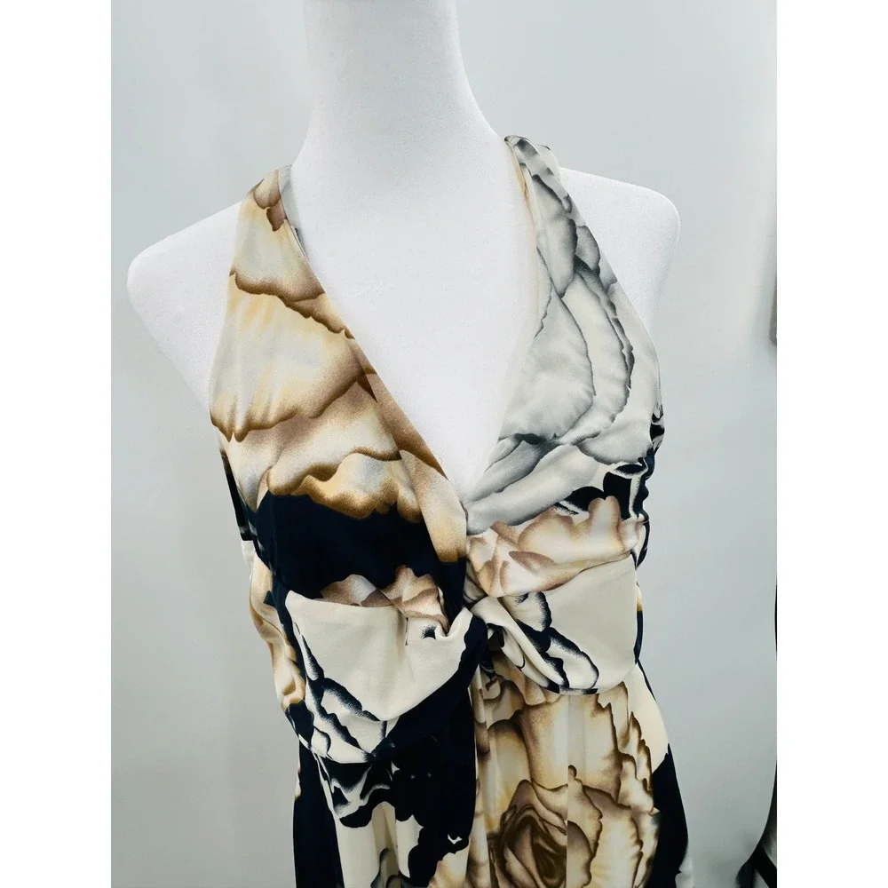 Newport News Halter Maxi Dress L Floral Beige Black‎ Stretch Boho Coastal Chic - Picture 5 of 10